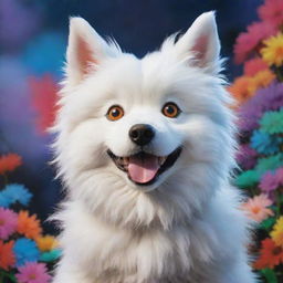 A friendly, fluffy dog in the artistic style of Studio Ghibli, imbued with vibrant colors and magical realism.