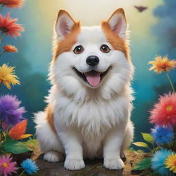 A friendly, fluffy dog in the artistic style of Studio Ghibli, imbued with vibrant colors and magical realism.