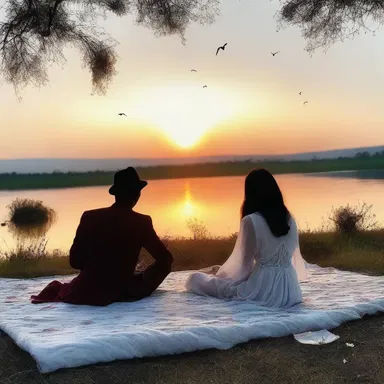 The couple sat on a blanket, watching the sunset together, completely lost in each other's gaze, oblivious to the horn flies buzzing around them.