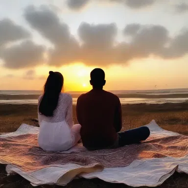 The couple sat on a blanket, watching the sunset together, completely lost in each other's gaze, oblivious to the horn flies buzzing around them.