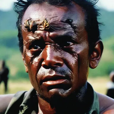 In the suspenseful movie scene, the camera zoomed in on the character's face, revealing beads of sweat and a horn fly crawling on their forehead.