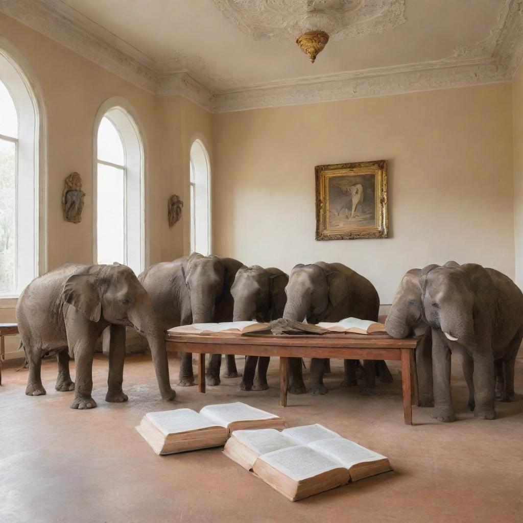 A group of elephants engrossed in studying and reading books in a sophisticated, ivory-colored study room named 'Ivory Courses'.