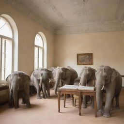 A group of elephants engrossed in studying and reading books in a sophisticated, ivory-colored study room named 'Ivory Courses'.