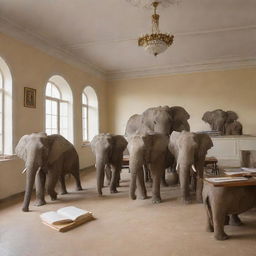 A group of elephants engrossed in studying and reading books in a sophisticated, ivory-colored study room named 'Ivory Courses'.