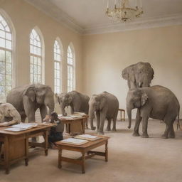 A group of elephants engrossed in studying and reading books in a sophisticated, ivory-colored study room named 'Ivory Courses'.