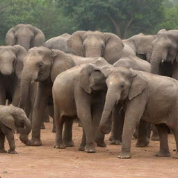 Lively scene of many elephants enthusiastically learning and having fun at a space named 'Ivory Courses'.