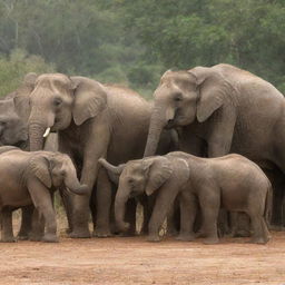 Lively scene of many elephants enthusiastically learning and having fun at a space named 'Ivory Courses'.