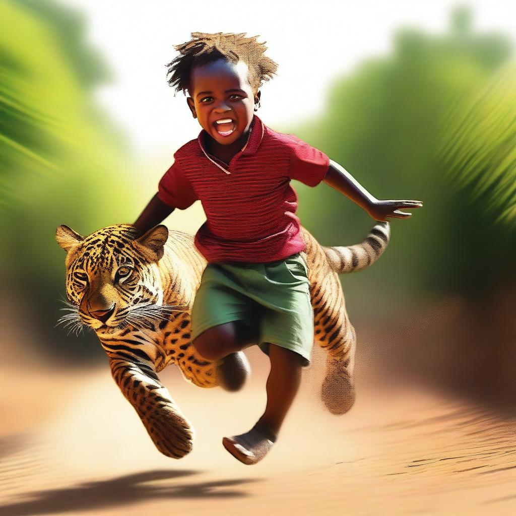 A high-resolution digital art image capturing a scene of a young African child galloping on a jaguar