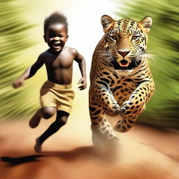 A high-resolution digital art image capturing a scene of a young African child galloping on a jaguar