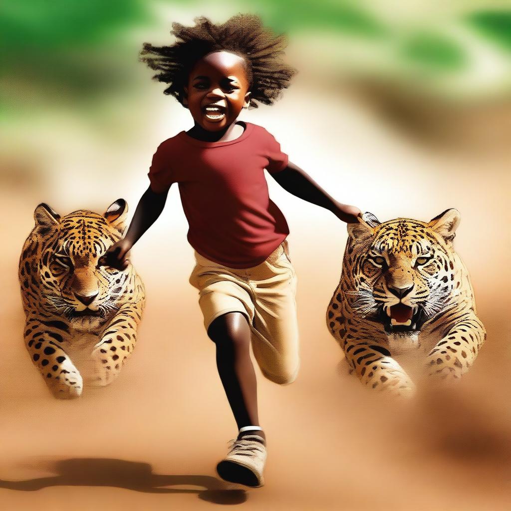 A high-resolution digital art image capturing a scene of a young African child galloping on a jaguar