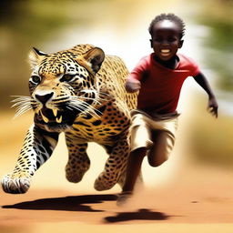 A high-resolution digital art image capturing a scene of a young African child galloping on a jaguar