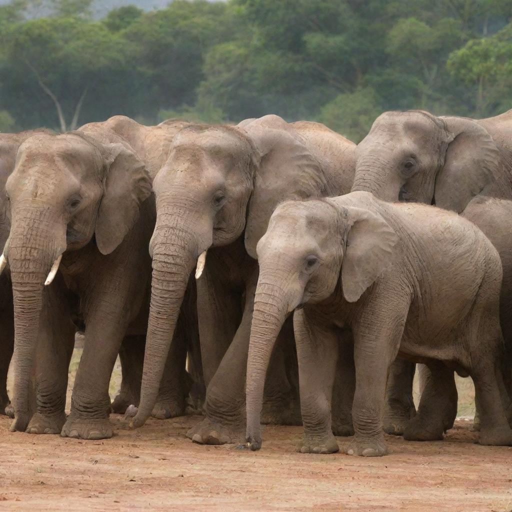 Lively scene of many elephants enthusiastically learning and having fun at a space named 'Ivory Courses'.