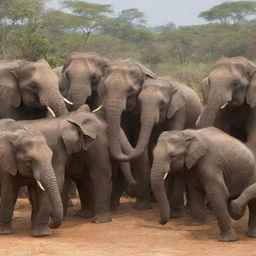 Lively scene of many elephants enthusiastically learning and having fun at a space named 'Ivory Courses'.