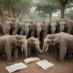 An educational scene of many elephants immersed in reading books and learning in a scholarly area named 'Ivory Courses'.