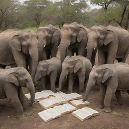 An educational scene of many elephants immersed in reading books and learning in a scholarly area named 'Ivory Courses'.