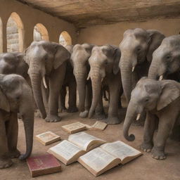 An educational scene of many elephants immersed in reading books and learning in a scholarly area named 'Ivory Courses'.