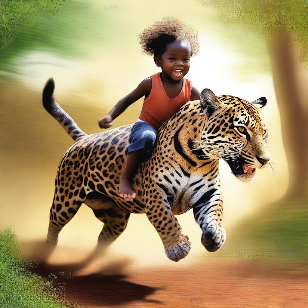 This is a vivid, high-quality digital art image showcasing a young African child galloping on a jaguar