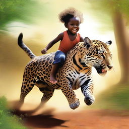 This is a vivid, high-quality digital art image showcasing a young African child galloping on a jaguar