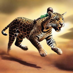 This is a vivid, high-quality digital art image showcasing a young African child galloping on a jaguar