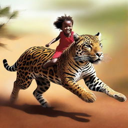 This is a vivid, high-quality digital art image showcasing a young African child galloping on a jaguar