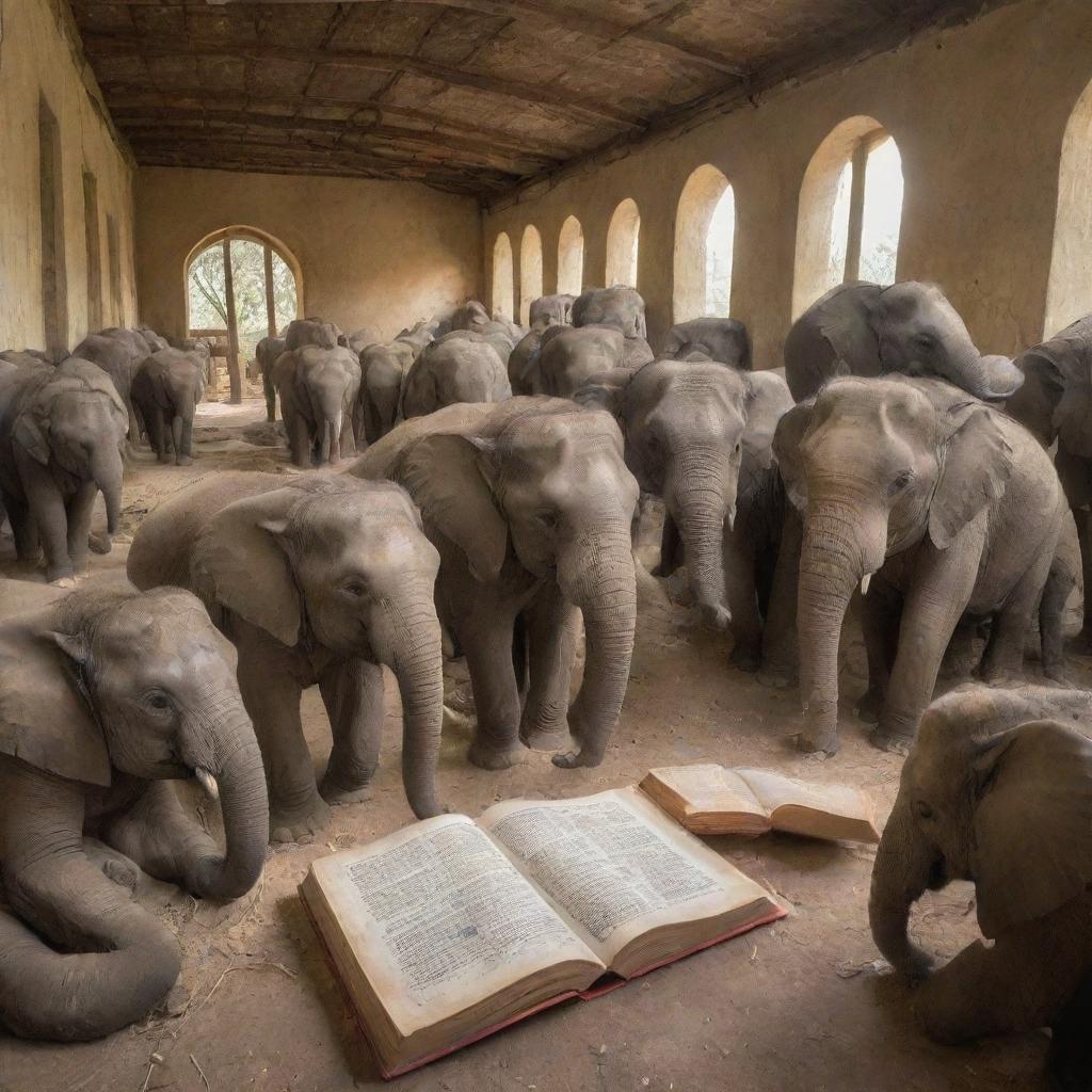 An educational scene of many elephants immersed in reading books and learning in a scholarly area named 'Ivory Courses'.