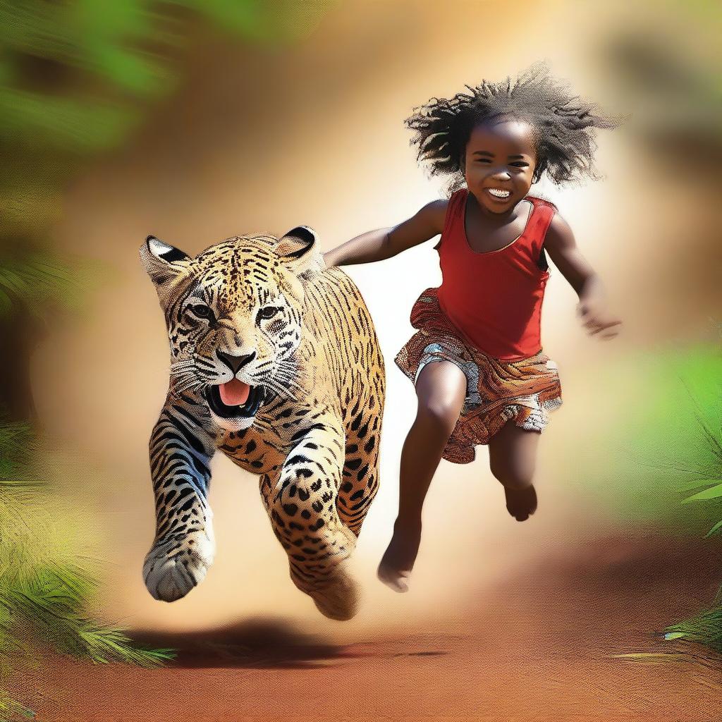 This is a vivid, high-quality digital art image showcasing a young African child galloping on a jaguar