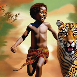 This is a high-quality digital painting depicting a 12-year-old African child, shirtless, galloping on a jaguar