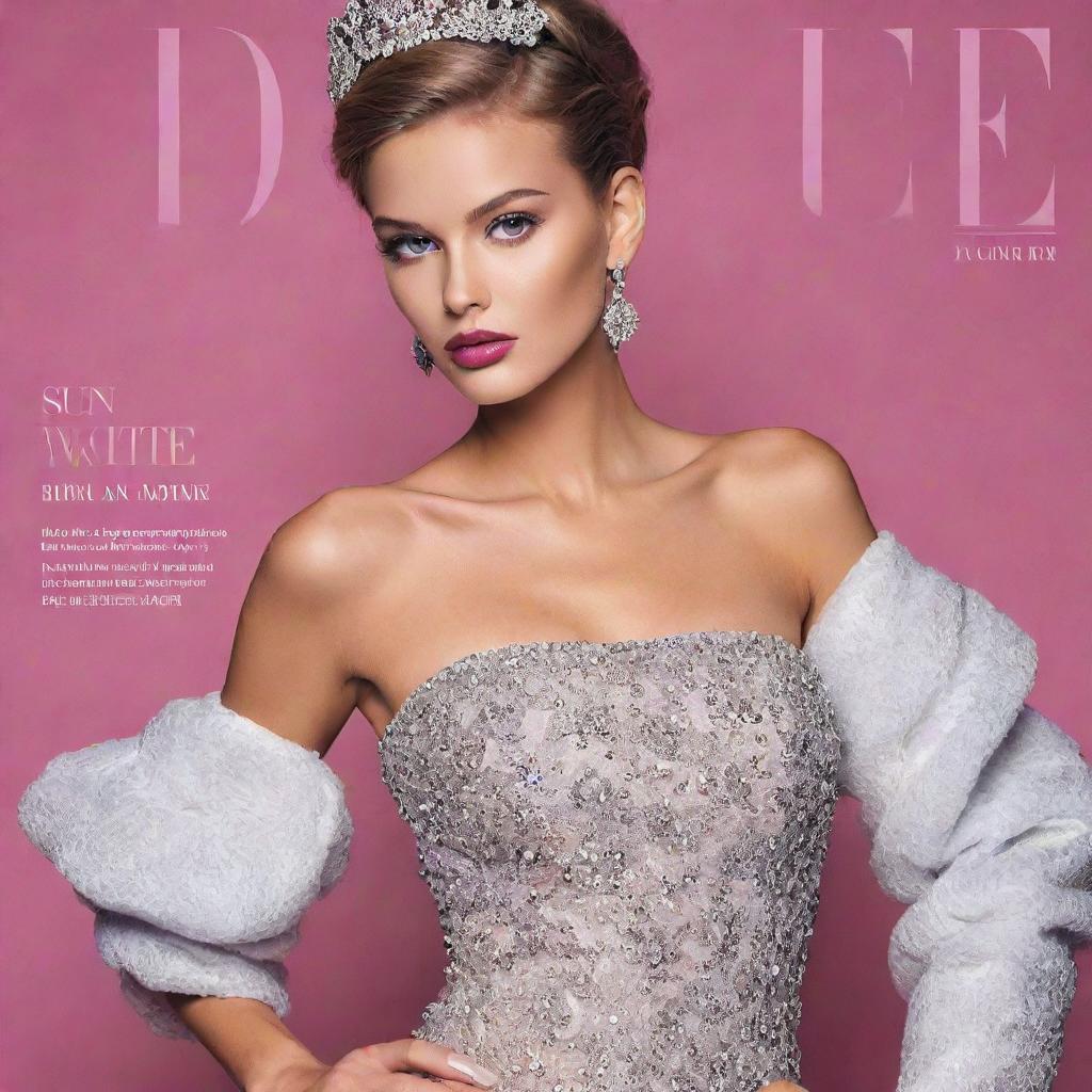 Design a chic and vibrant fashion magazine cover, featuring an elegant model dressed in the latest haute couture, with eye-catching headlines and a prominent logo.