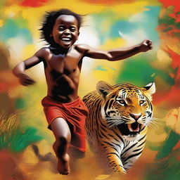 This is a high-quality digital painting depicting a 12-year-old African child, shirtless, galloping on a jaguar