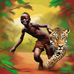 This is a high-quality digital painting depicting a 12-year-old African child, shirtless, galloping on a jaguar