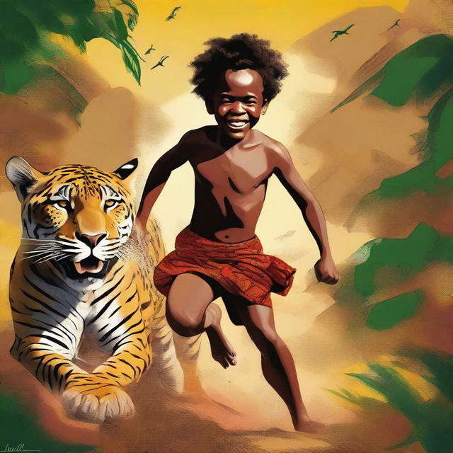 This is a high-quality digital painting depicting a 12-year-old African child, shirtless, galloping on a jaguar