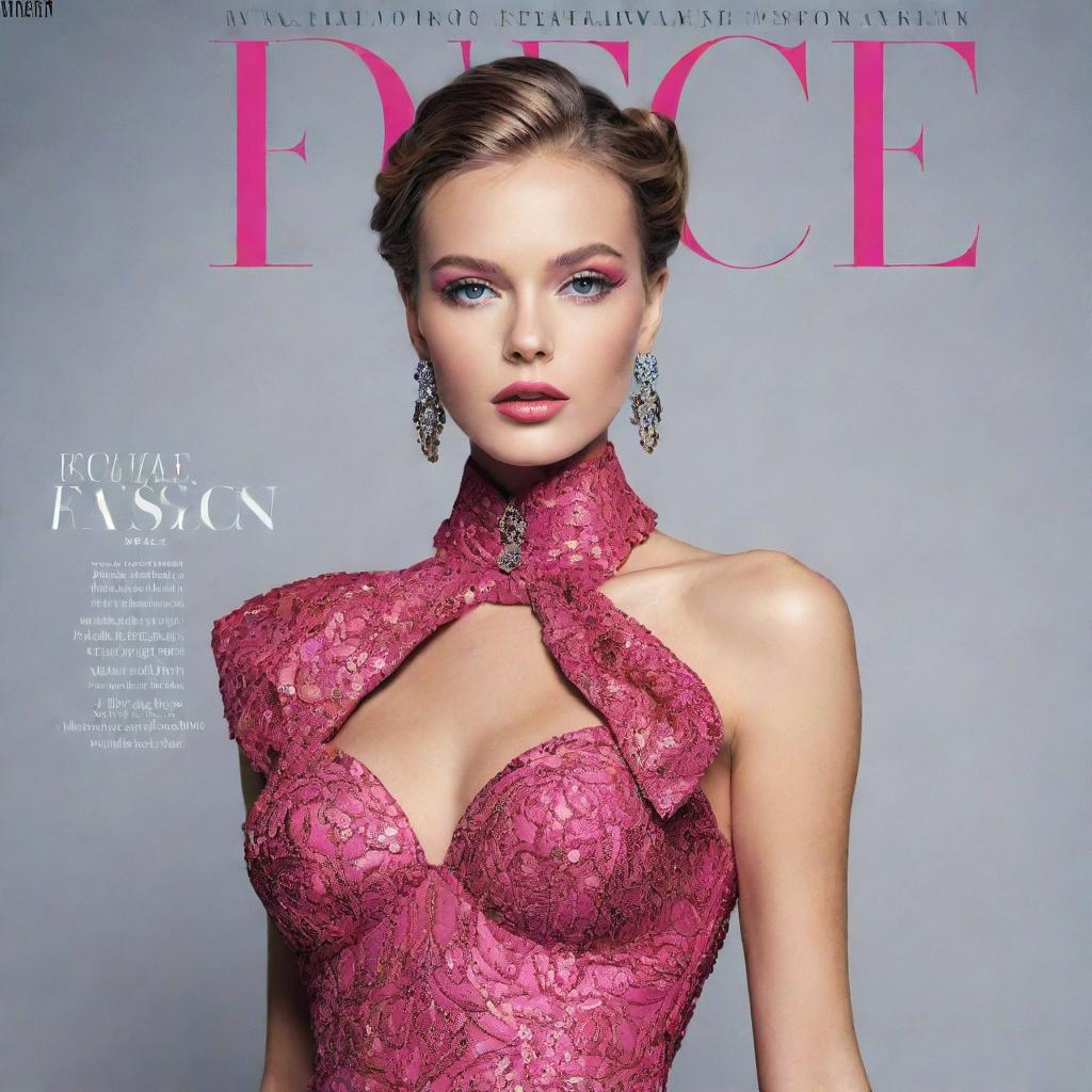 Design a chic and vibrant fashion magazine cover, featuring an elegant model dressed in the latest haute couture, with eye-catching headlines and a prominent logo.