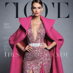 Design a chic and vibrant fashion magazine cover, featuring an elegant model dressed in the latest haute couture, with eye-catching headlines and a prominent logo.