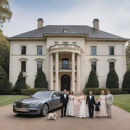 A lavish mansion with a wealthy family standing in front. The parents, children, and their pets are elegantly dressed. Luxury cars can be seen in the grand driveway.