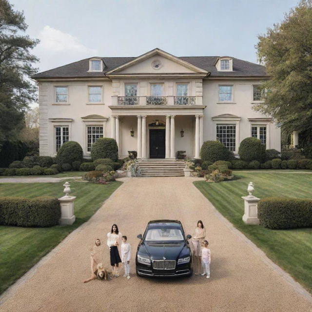 A lavish mansion with a wealthy family standing in front. The parents, children, and their pets are elegantly dressed. Luxury cars can be seen in the grand driveway.