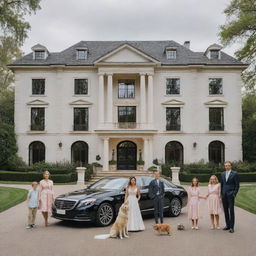 A lavish mansion with a wealthy family standing in front. The parents, children, and their pets are elegantly dressed. Luxury cars can be seen in the grand driveway.