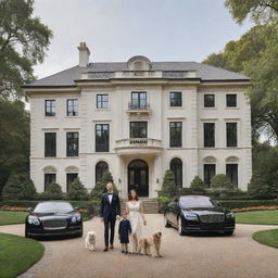 A lavish mansion with a wealthy family standing in front. The parents, children, and their pets are elegantly dressed. Luxury cars can be seen in the grand driveway.