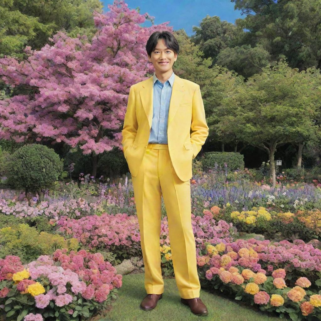 Anime character Gojo Satoru standing in Smiley's lush, vibrant garden full of blooming flowers, tall trees, and enchanting garden decor.