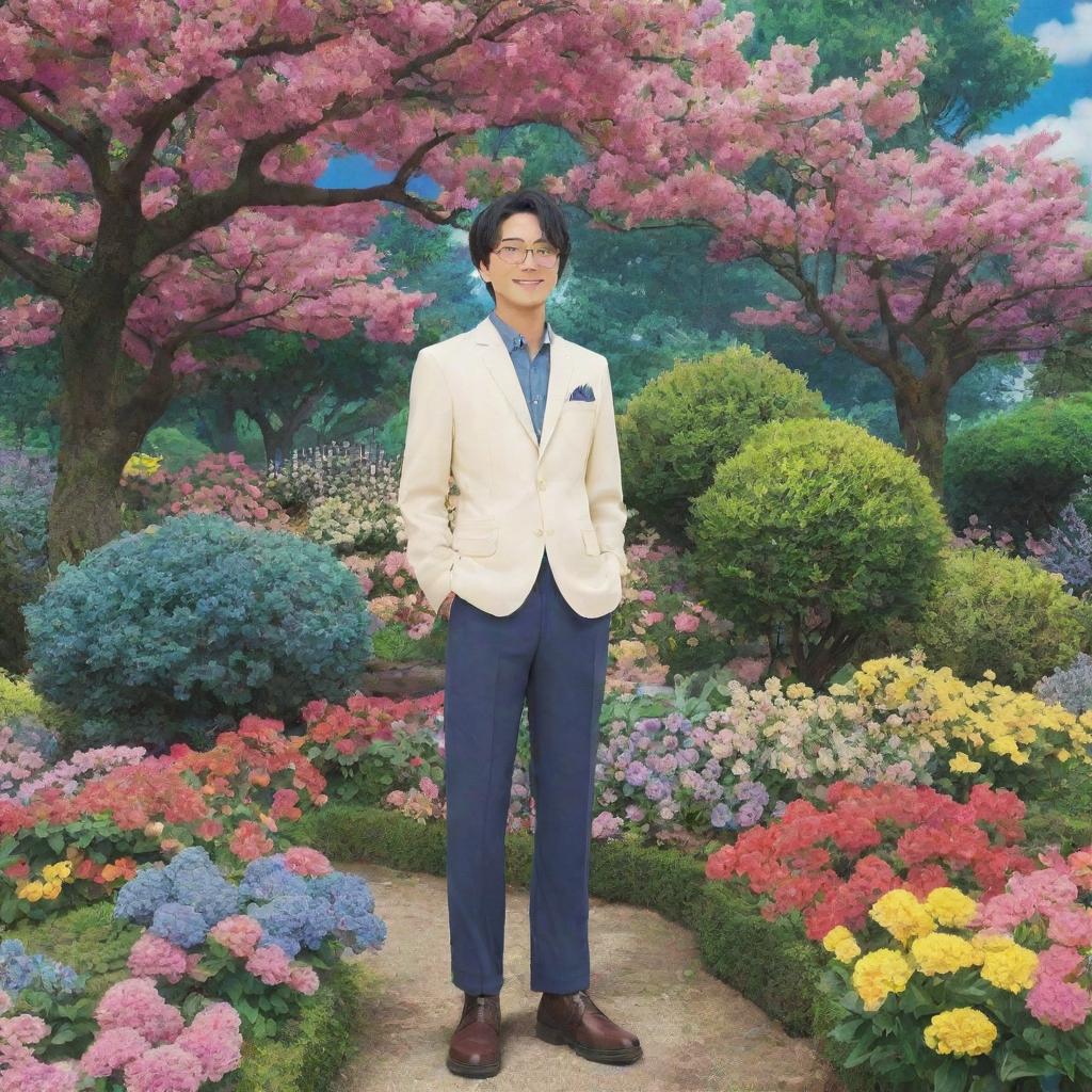 Anime character Gojo Satoru standing in Smiley's lush, vibrant garden full of blooming flowers, tall trees, and enchanting garden decor.