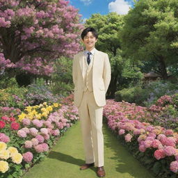 Anime character Gojo Satoru standing in Smiley's lush, vibrant garden full of blooming flowers, tall trees, and enchanting garden decor.