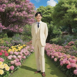 Anime character Gojo Satoru standing in Smiley's lush, vibrant garden full of blooming flowers, tall trees, and enchanting garden decor.