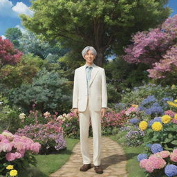 Anime character Gojo Satoru standing in Smiley's lush, vibrant garden full of blooming flowers, tall trees, and enchanting garden decor.