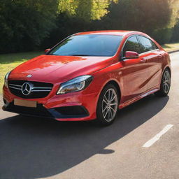 A stunning red car gleaming under bright sunlight