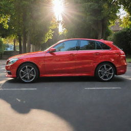 A stunning red car gleaming under bright sunlight