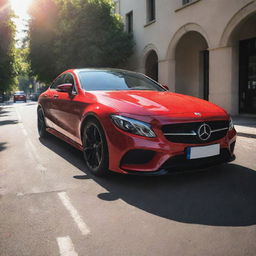 A stunning red car gleaming under bright sunlight