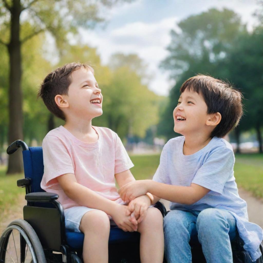 A sincere moment of friendship between an ordinary child and another child in a wheelchair, sharing a joyful day together in a park under the blue sky.