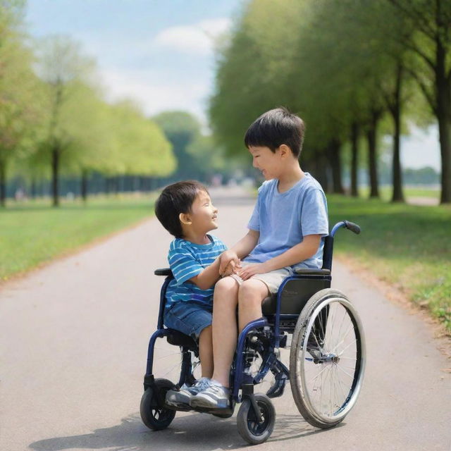 A sincere moment of friendship between an ordinary child and another child in a wheelchair, sharing a joyful day together in a park under the blue sky.