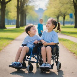 A sincere moment of friendship between an ordinary child and another child in a wheelchair, sharing a joyful day together in a park under the blue sky.