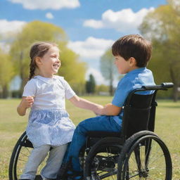 A sincere moment of friendship between an ordinary child and another child in a wheelchair, sharing a joyful day together in a park under the blue sky.