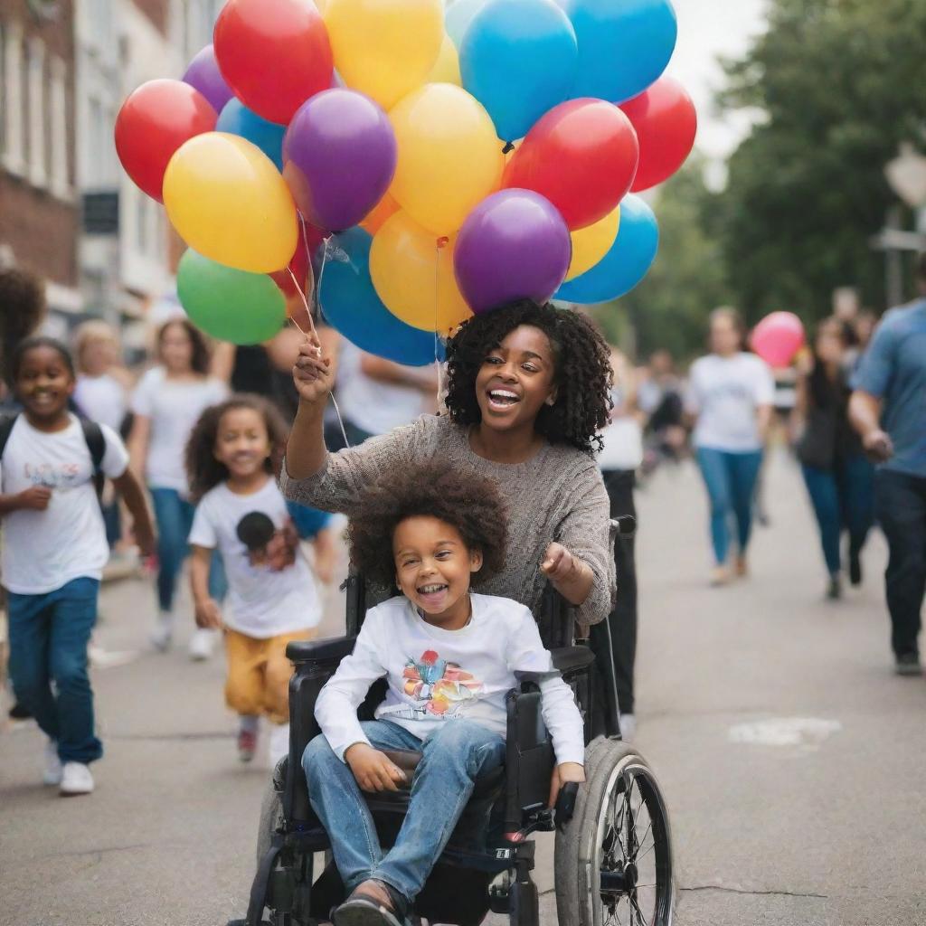 An ordinary child and a child in a wheelchair organizing a vibrant community event that raises awareness about inclusivity, with balloons, banners, and cheering crowd.